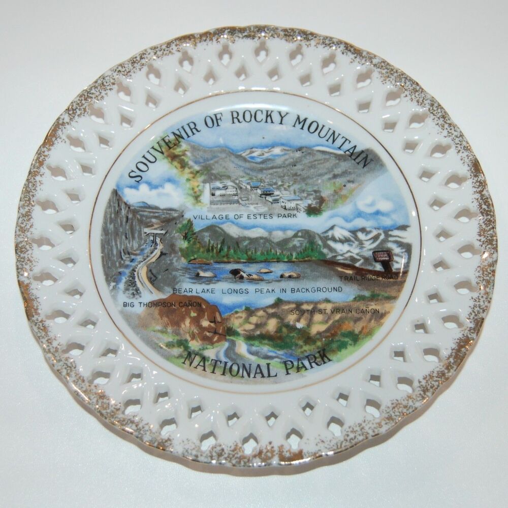 VINTAGE ROCKY MOUNTAIN MT NATIONAL PARK SOUVENIR PLATE BEAR LAKE & LONGS PEAK 8"